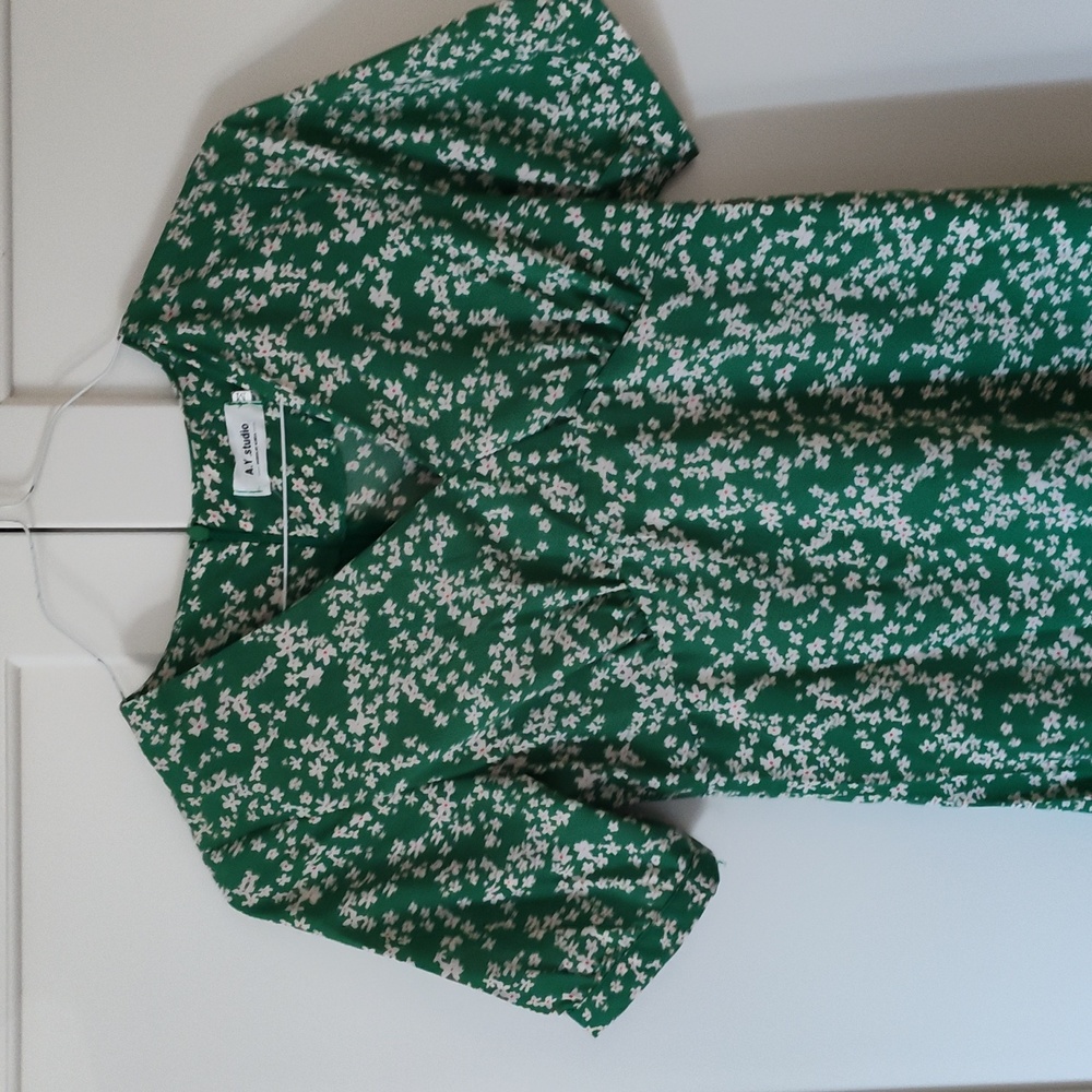 A.Y. Studio. Green and white floral dress. Empire cinch.
